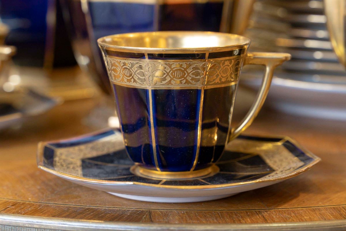 Service à Café+ Thé+ Gâteaux Bleu de Sèvres et Or "Art Déco " 1920  TLB-photo-1