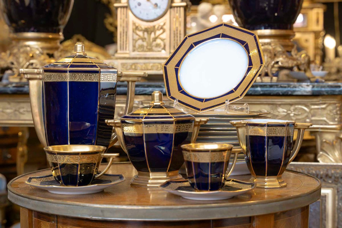 Service à Café+ Thé+ Gâteaux Bleu de Sèvres et Or "Art Déco " 1920  TLB