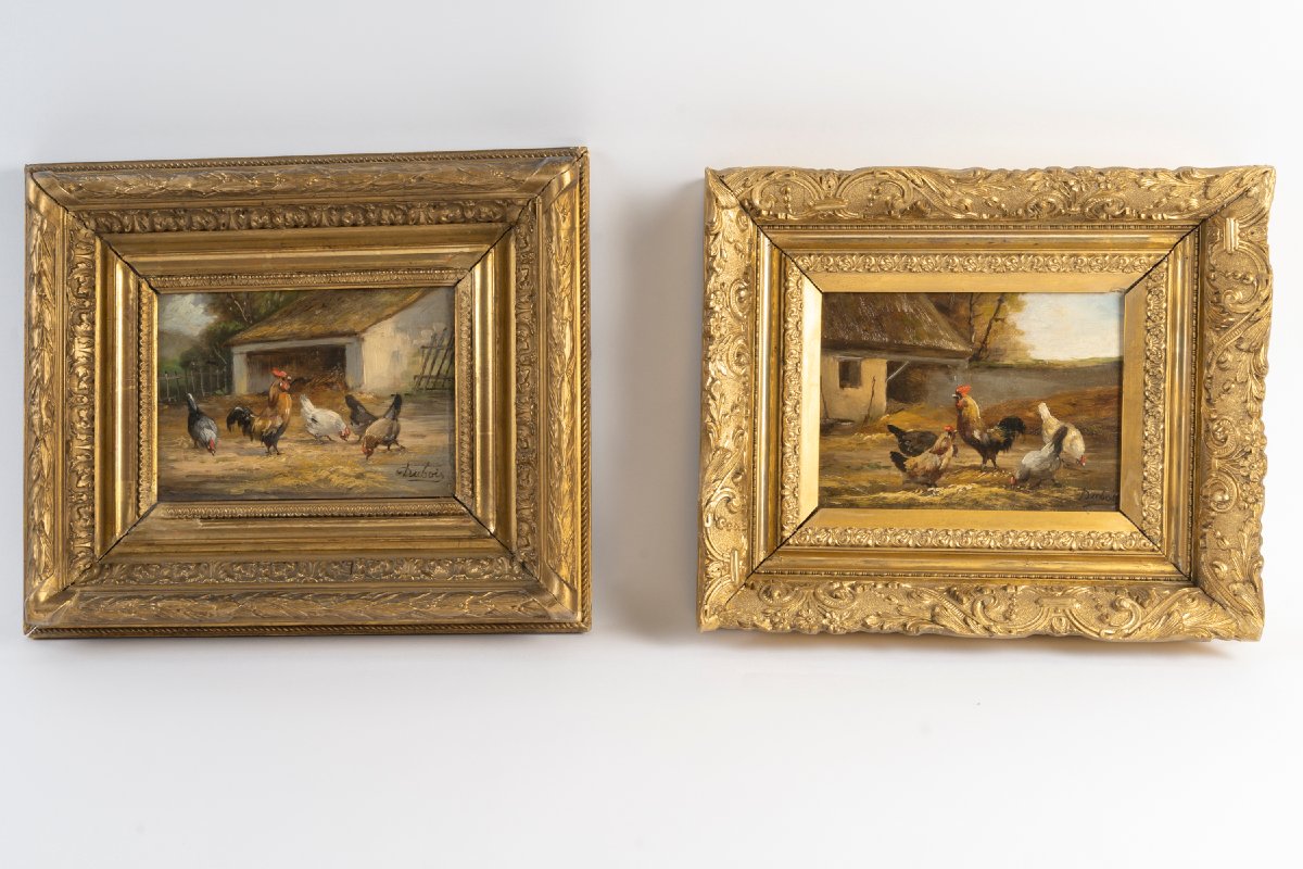 Louis Dubois (1830–1880) Two Paintings Titled "basse-cour"