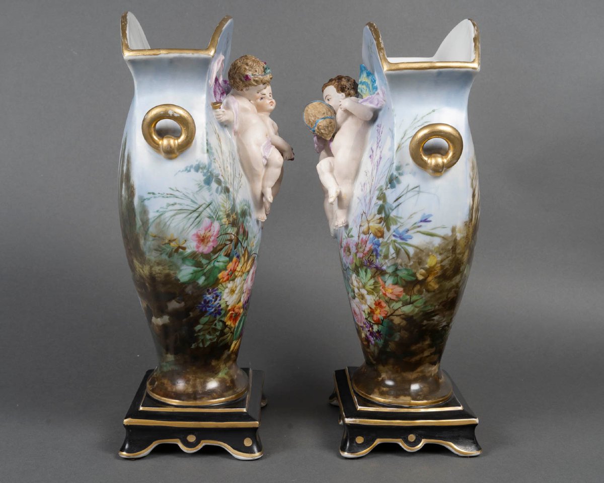 Paire de Vases aux Putti et Paysages " Paris 1860"-photo-4