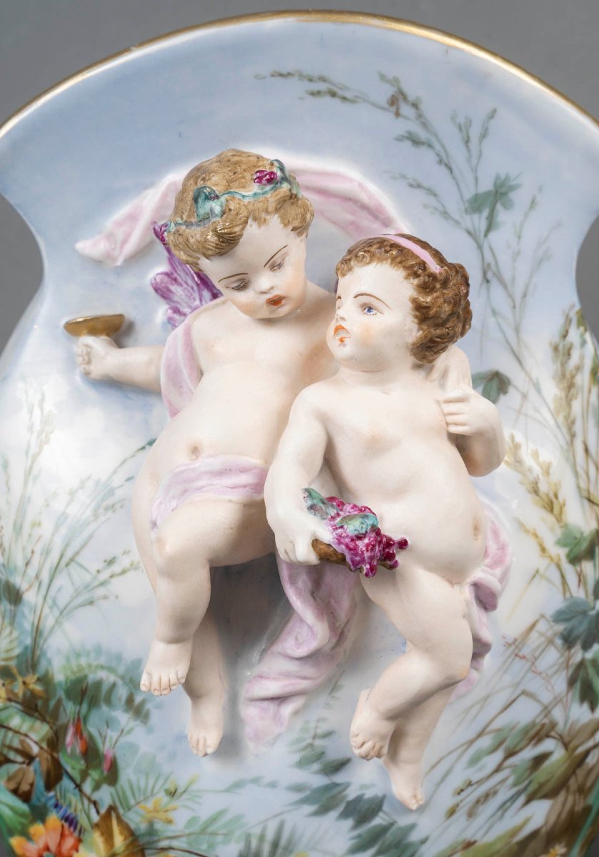 Paire de Vases aux Putti et Paysages " Paris 1860"-photo-1
