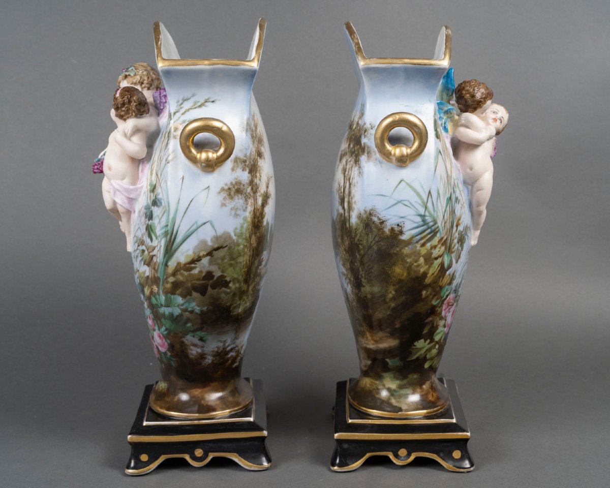 Paire de Vases aux Putti et Paysages " Paris 1860"-photo-6