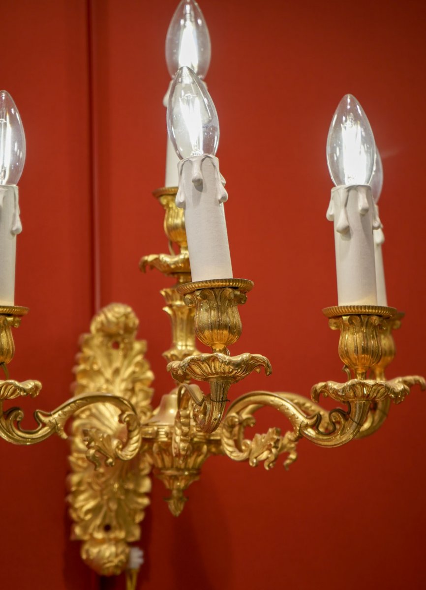 Paire d'Appliques Enbronze Doré à 5 Bras De Lumières (xix)-photo-4