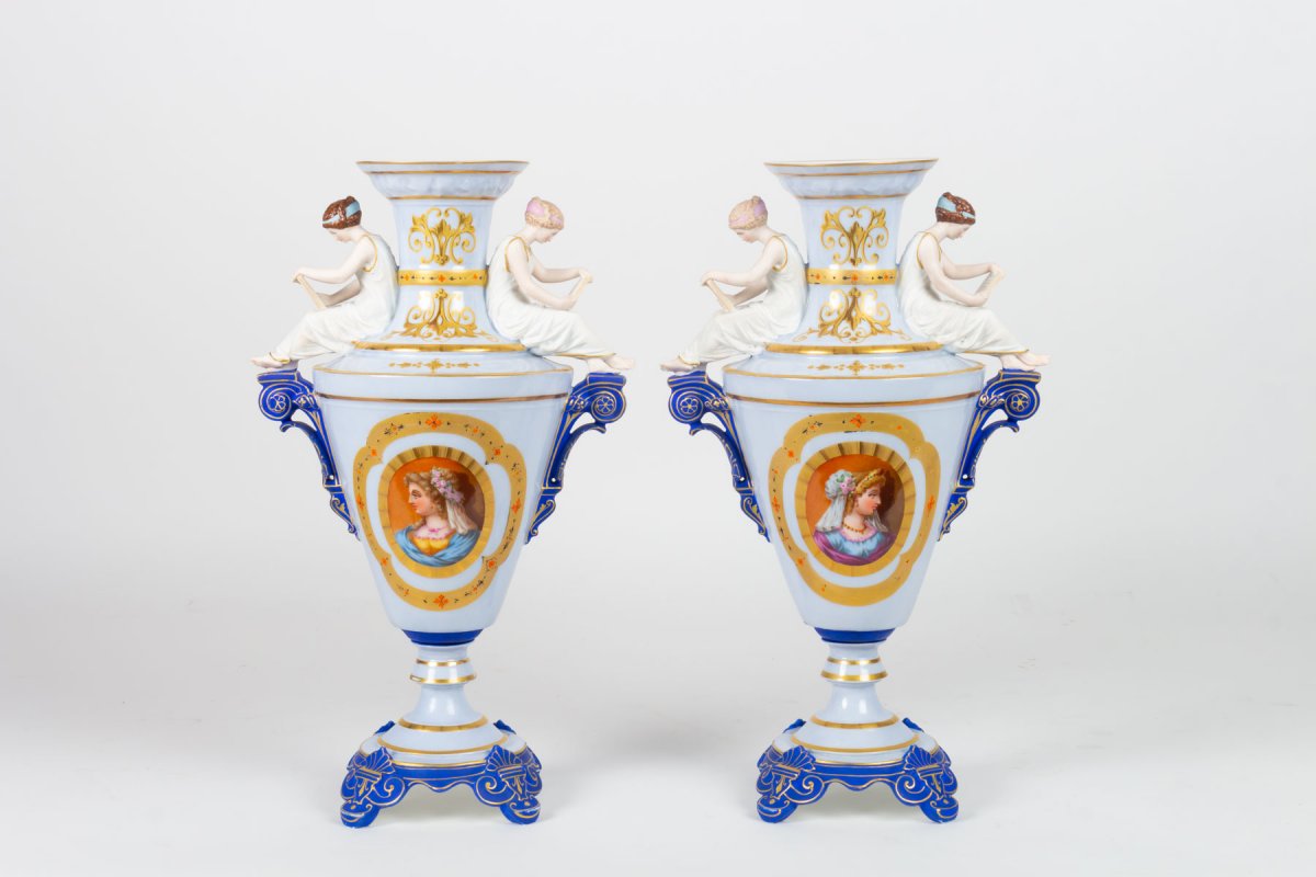 Pair Of Biscuit And Porcelain Vases "la Lecture"  Gibus 1870