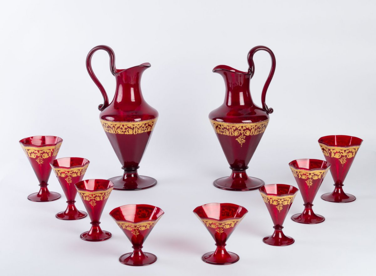 Service à verres Venise (Murano)rouge et or vers 1900 (58 pièces )-photo-4