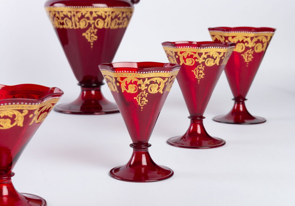 Red And Gold Venice (murano) Glass Service Circa 1900 (58 Pieces)-photo-2