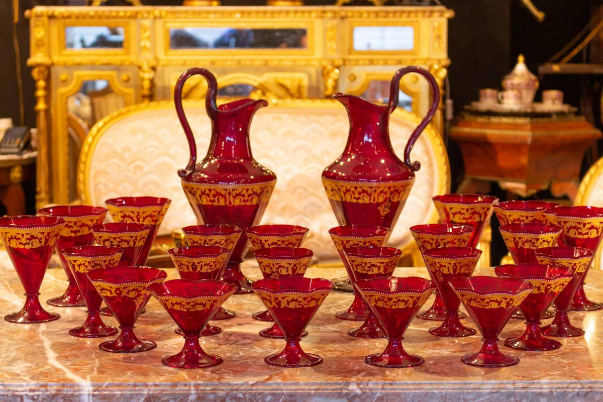 Red And Gold Venice (murano) Glass Service Circa 1900 (58 Pieces)