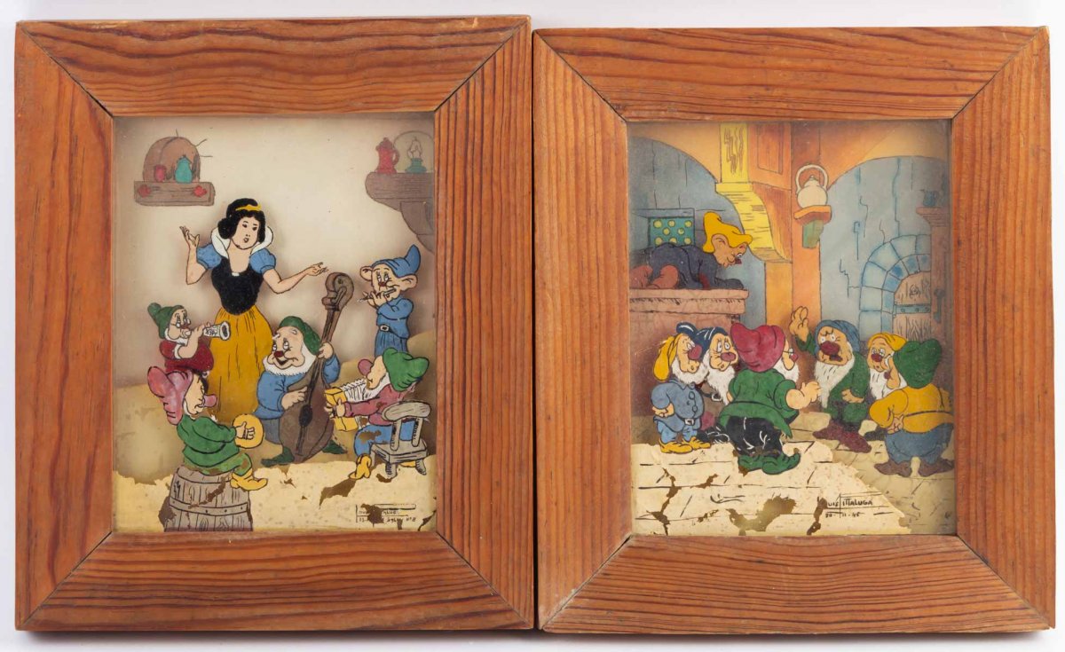 2 Tableaux  Blanche Neige et les 7 Nains Louis Fittaluga 1946