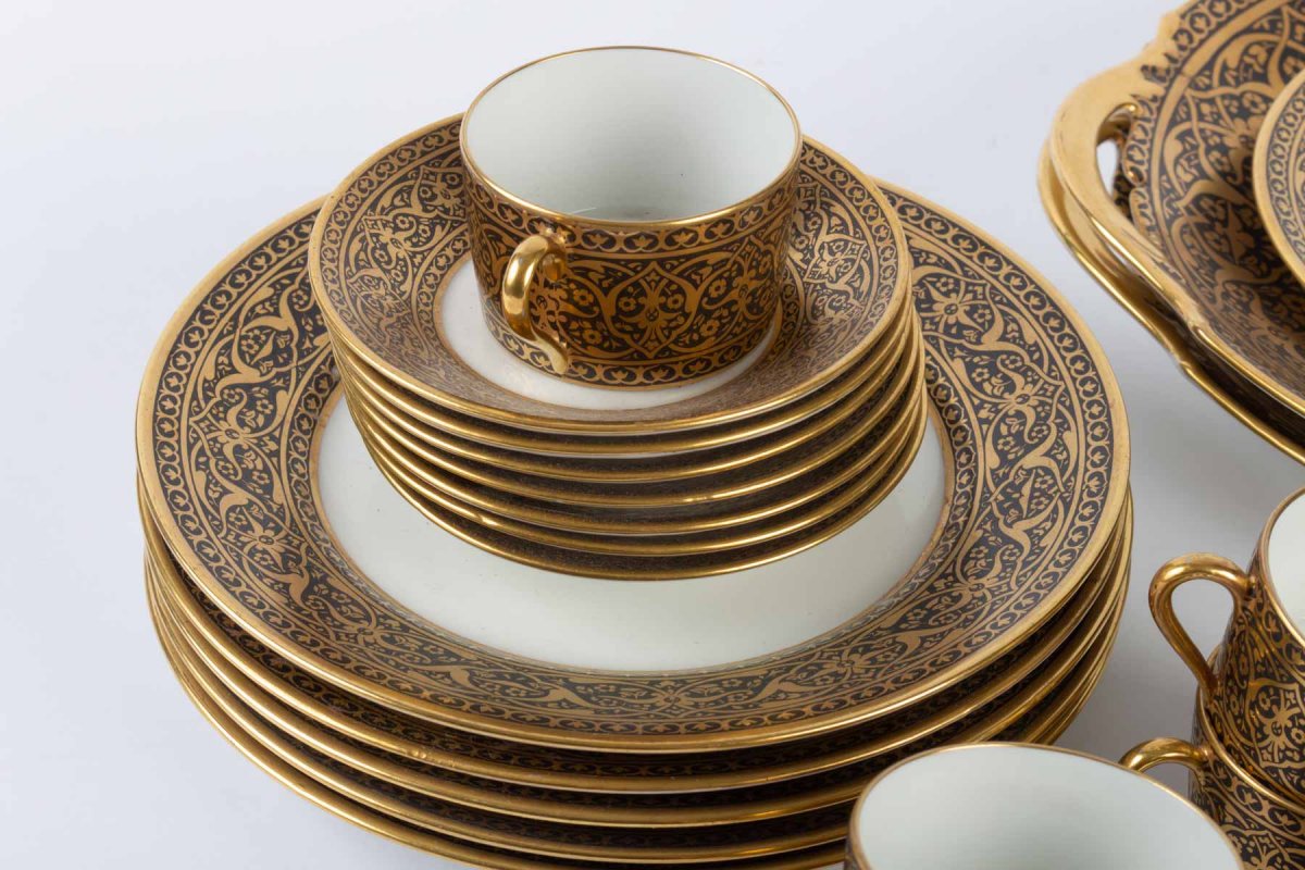 Cake Service And Cups Black And Gold , Porcelain Legrand  Limoges 1915-photo-2