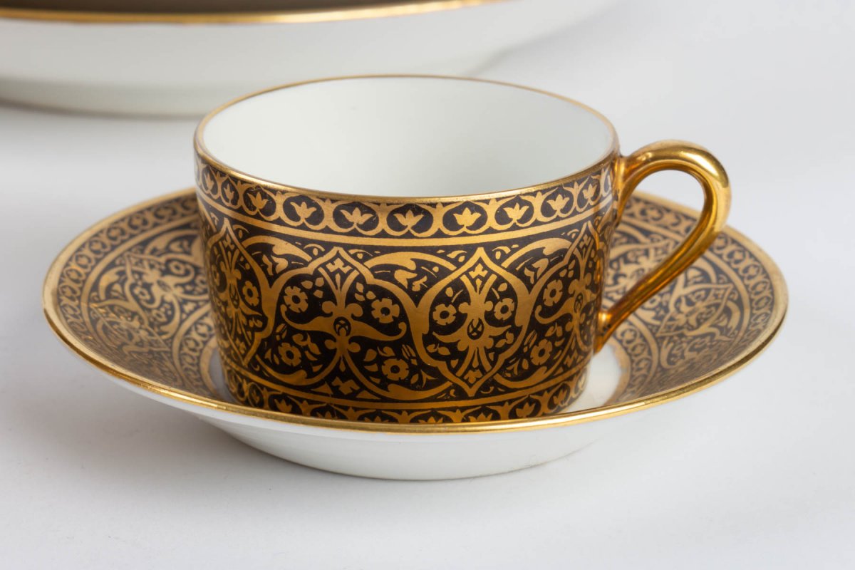 Cake Service And Cups Black And Gold , Porcelain Legrand  Limoges 1915-photo-2