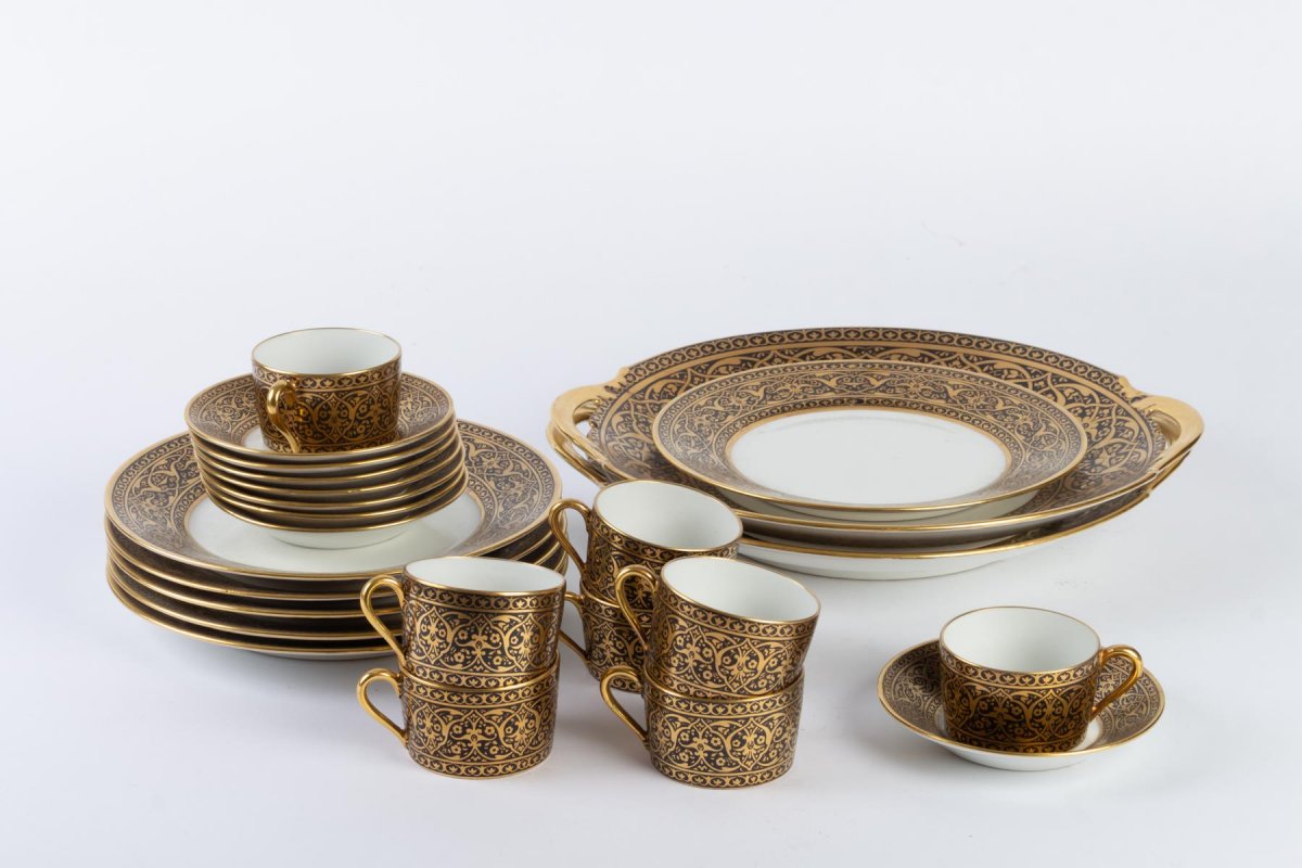 Cake Service And Cups Black And Gold , Porcelain Legrand  Limoges 1915