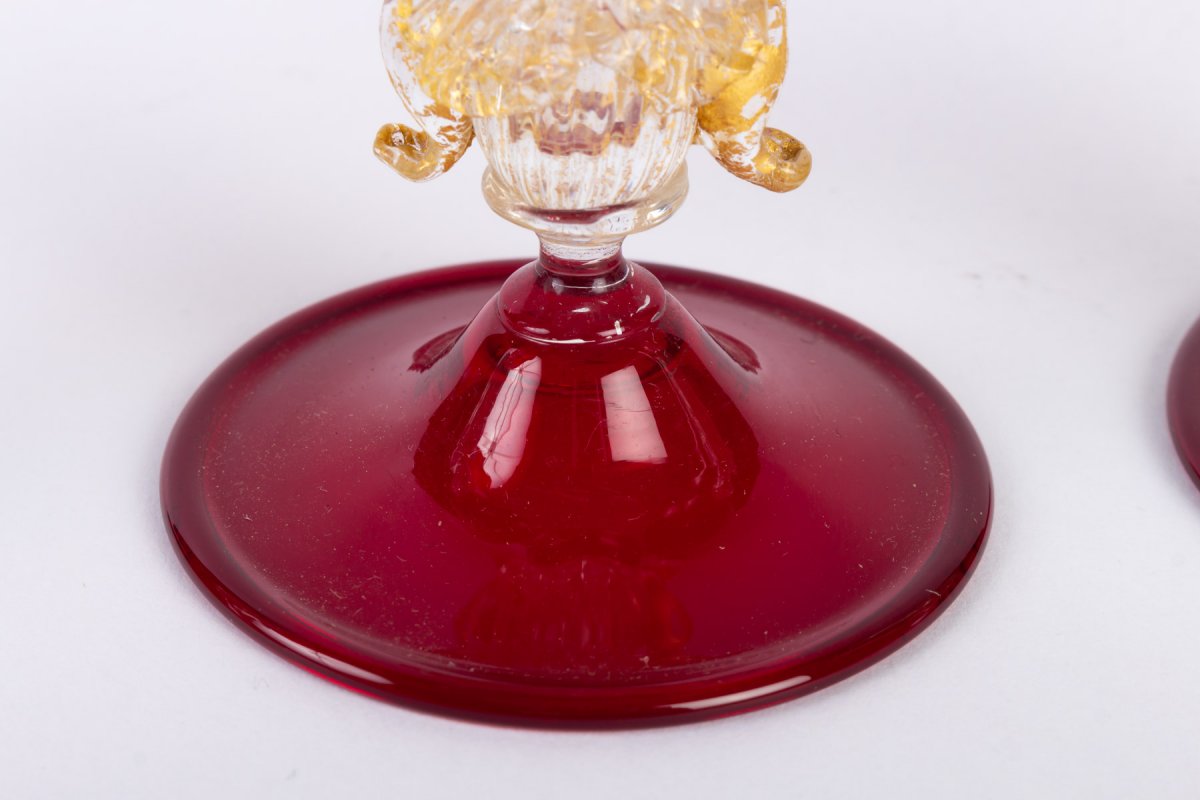 Six Vénitian (murano) Glass Ruby Red With 2 Swanson The Feet  1910-photo-3