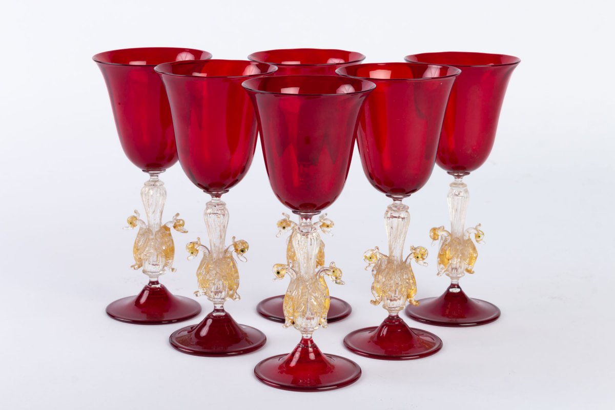 Six Vénitian (murano) Glass Ruby Red With 2 Swanson The Feet  1910-photo-5