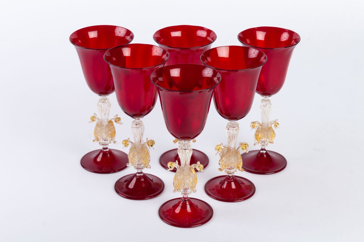 Six Vénitian (murano) Glass Ruby Red With 2 Swanson The Feet  1910