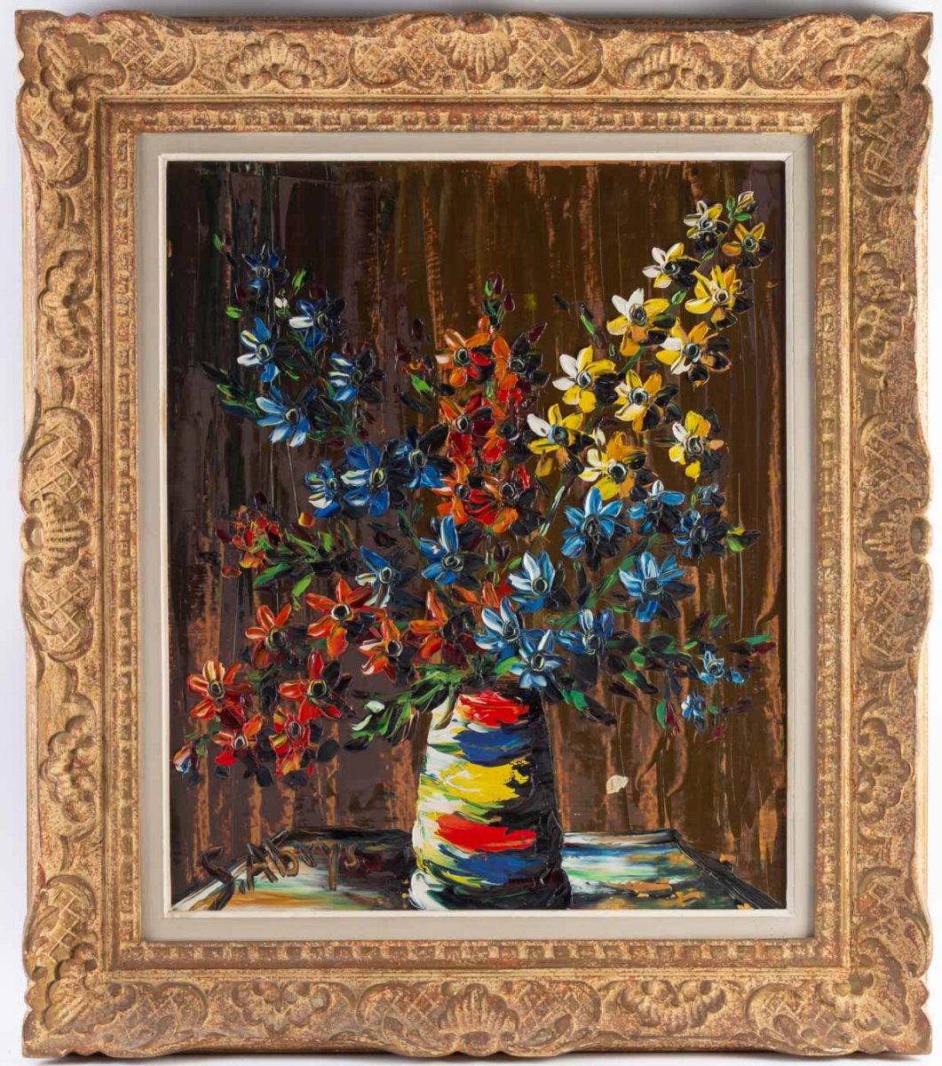 S. Abrys   vers 1950  Bouquet de Campanules rouges ,bleues et jaunes  
