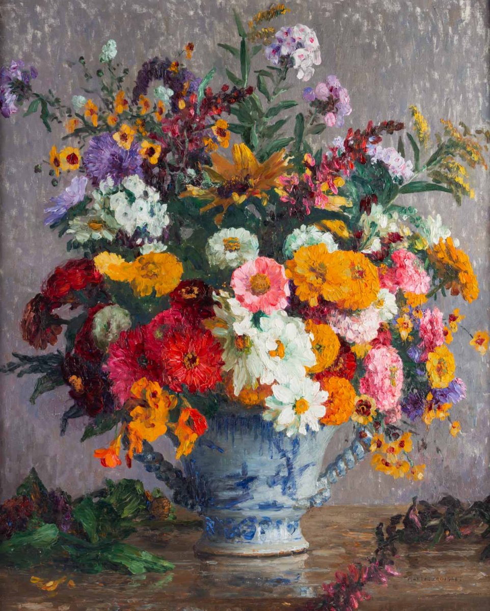 Marthe Moisset ( 1871 1945) Compositon florale dans un vase en Delft-photo-2