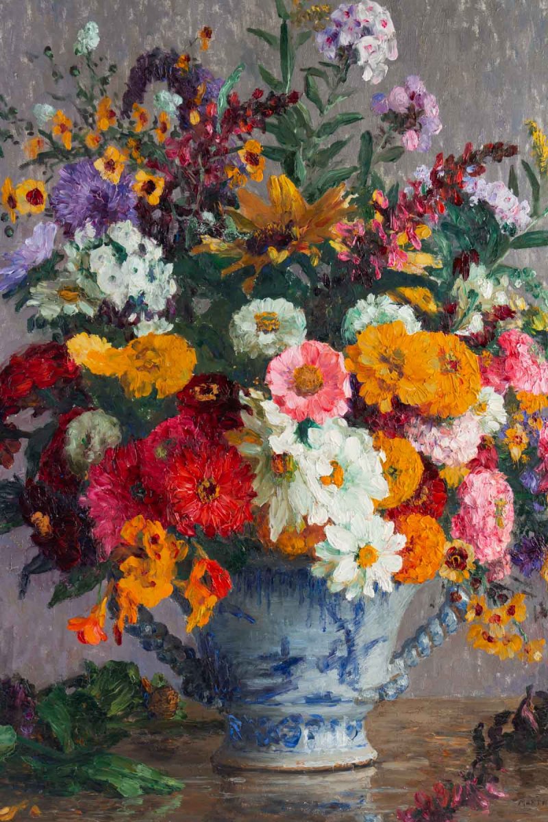 Marthe Moisset ( 1871 1945) Compositon florale dans un vase en Delft-photo-3