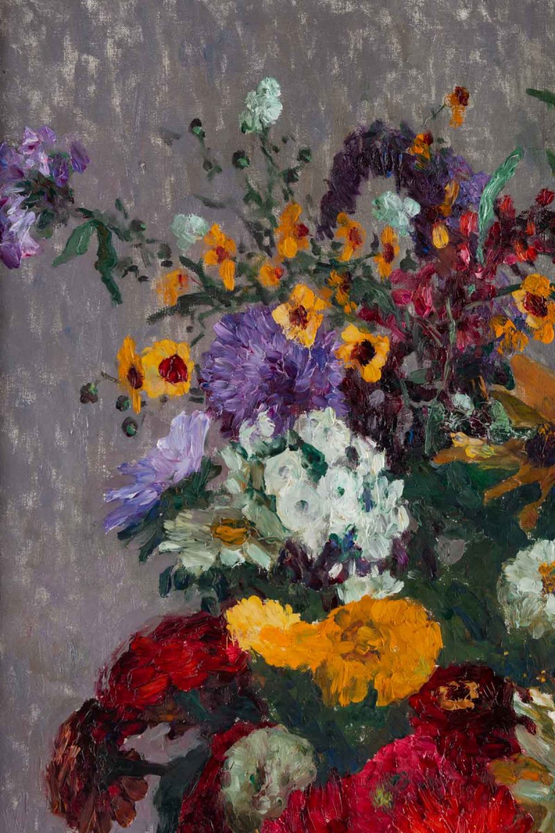 Marthe Moisset ( 1871 1945) Compositon florale dans un vase en Delft-photo-1