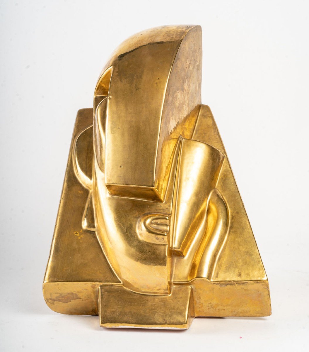 Golden Ceramic Head After Joseph Csaky (1888-1971) Cubist-photo-2