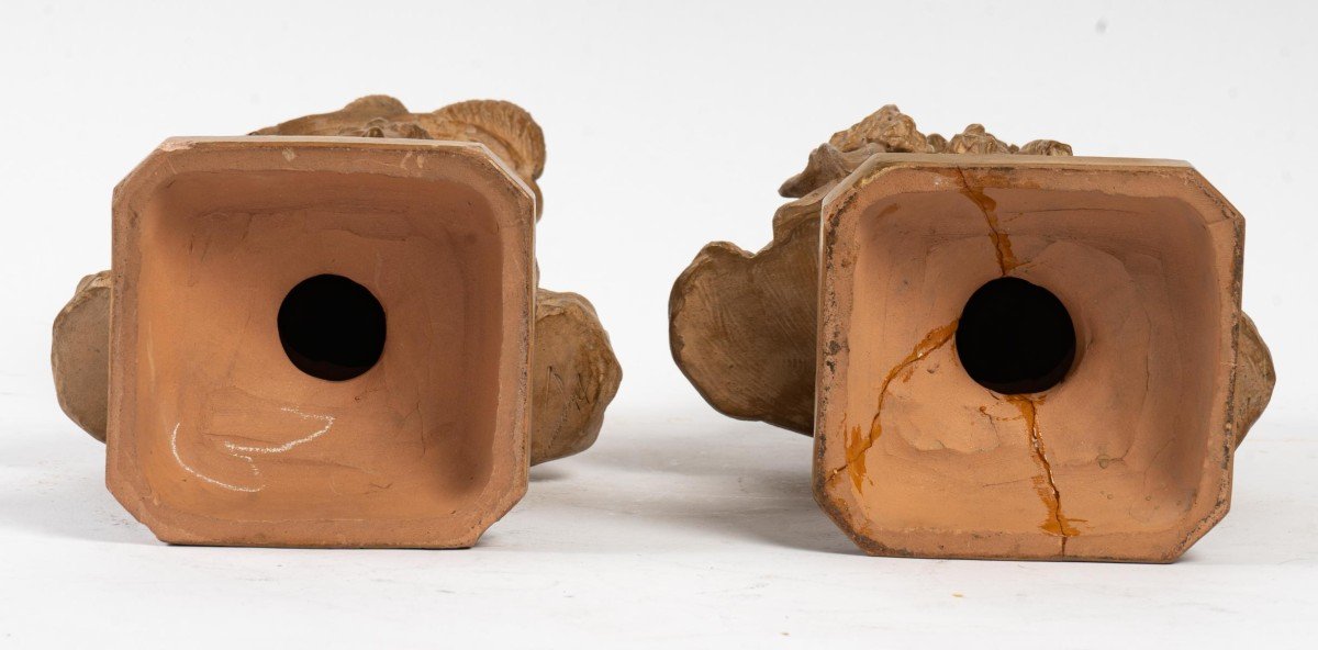 Couple Of Incredible And Wonderful In Terracotta XIXth Century (signed)-photo-4