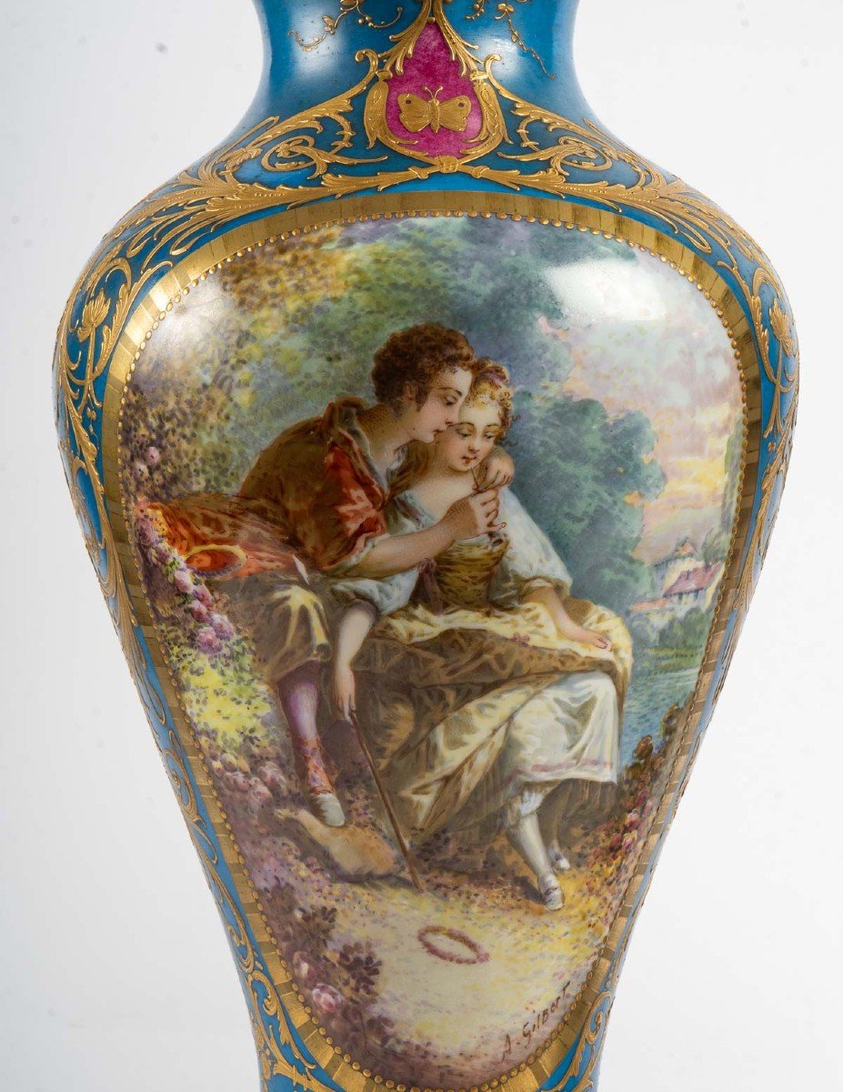 Paire de Vases bleu céleste à Scènes Galantes et Fleurs fin XIXème ( France )-photo-3