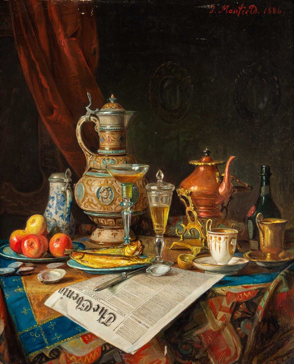 Still Life With Journal, Glasses And Porcelain "j.manfield 1886"-photo-2