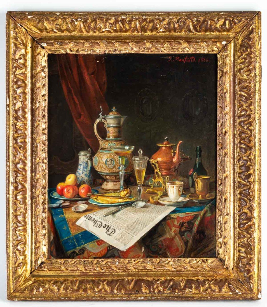 Still Life With Journal, Glasses And Porcelain "j.manfield 1886"