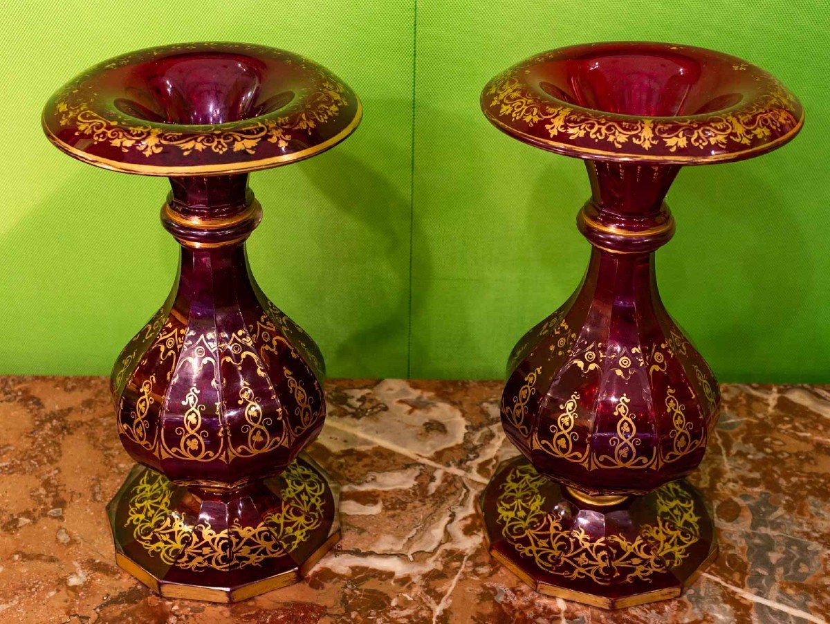 Pair Of Ruby Red And Gold Crystal Vases "bohème 1840"-photo-2