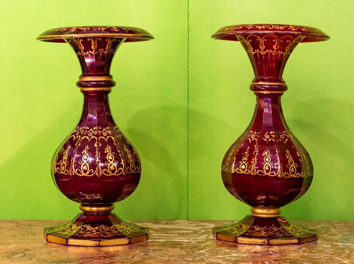 Pair Of Ruby Red And Gold Crystal Vases "bohème 1840"-photo-3
