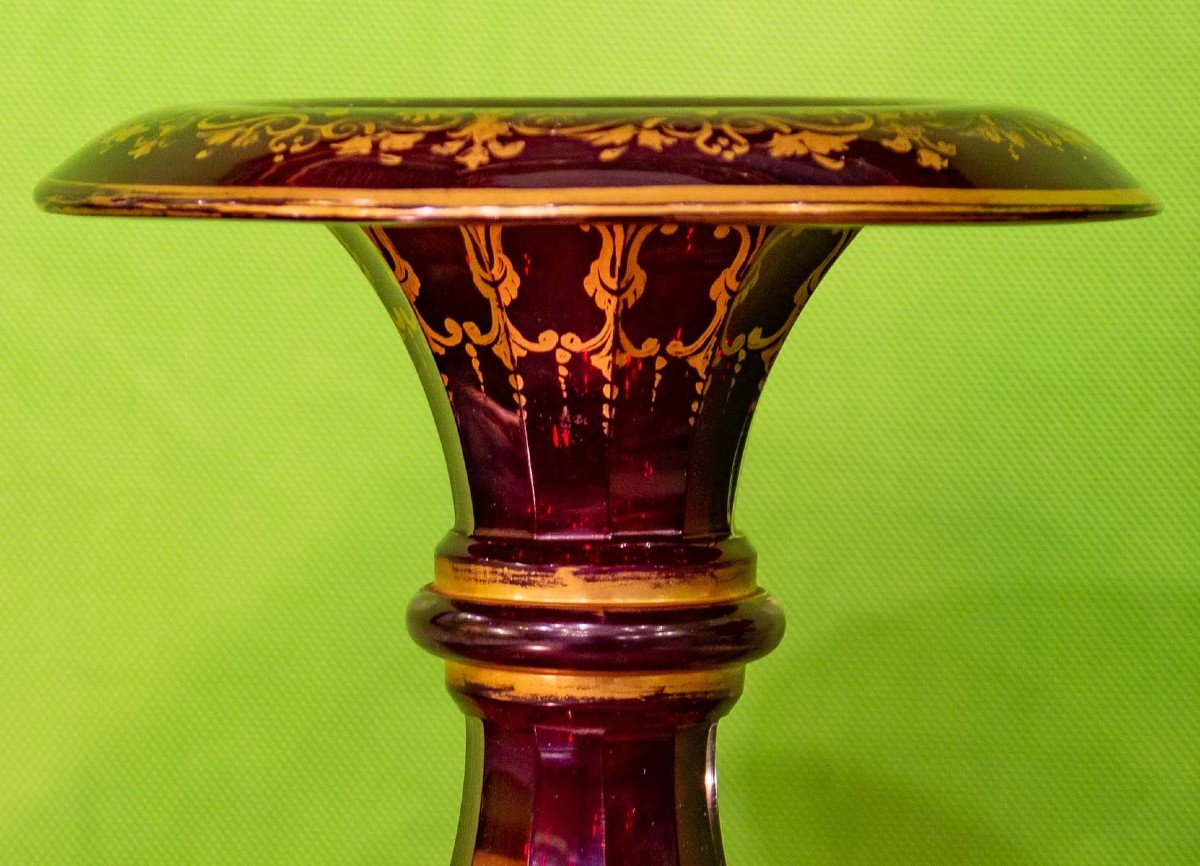Pair Of Ruby Red And Gold Crystal Vases "bohème 1840"-photo-4