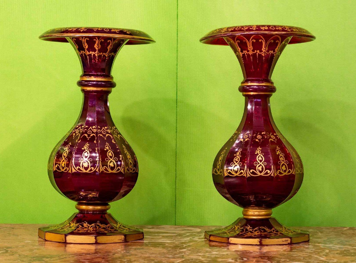 Pair Of Ruby Red And Gold Crystal Vases "bohème 1840"-photo-1