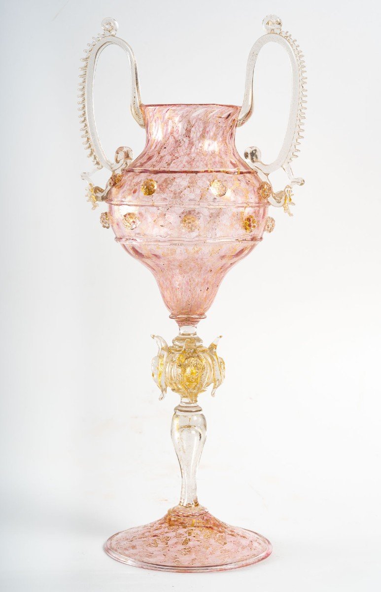 Très grand VERRE VENITIEN Rose " SALVIATI 1880 "-photo-3