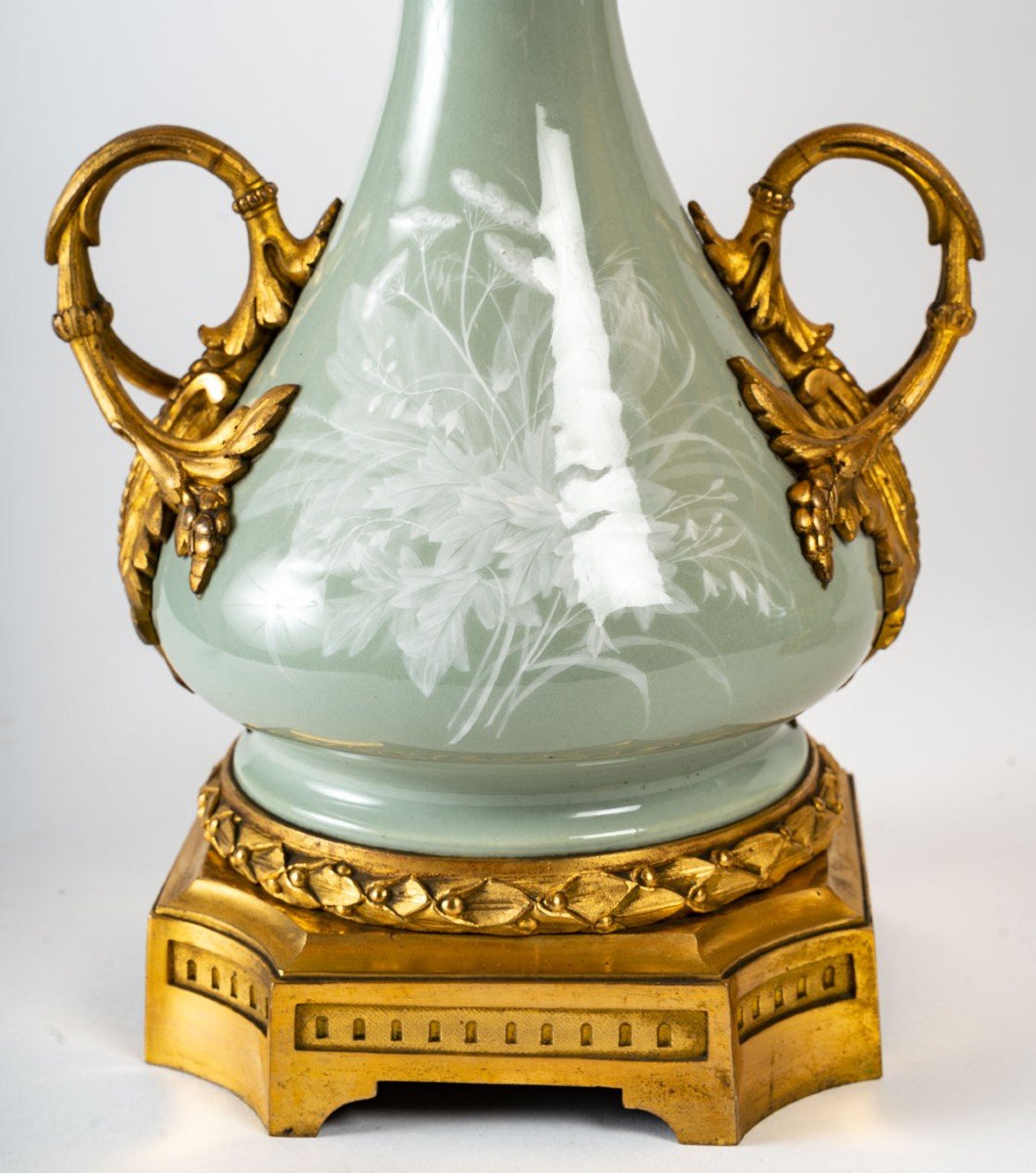 Paire de lampes Céladon  "Manufacture de Sèvres " 1850  signée Gagneau-photo-4