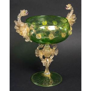 Large Green Cup With Dragons "dr. A. Salviati" 1885 Venice (murano)