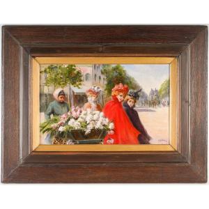 La Marchande de Fleurs et 3 Elégantes  par Georges  Mouton "XIXème siècle