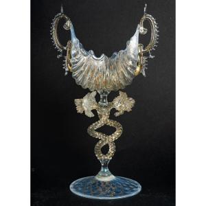 Opalescent White Chalice With 2 Intertwined Handles "salviati" 1885