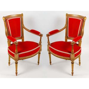 Pair Of St Directoire Red Armchairs Early 20th Century