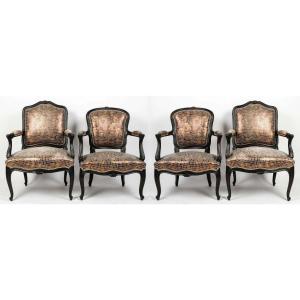 Two Pairs Of 20th Century Louis XV Style Crocodile-style Black Lacquered Armchairs