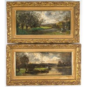 Charles Emile Canet "pair Of Oils On Panel" Barbizon School 19th Century