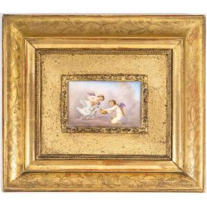 Porcelain Painting " Two Cupids And Two Swans Circa 1840