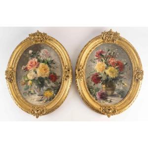 Paire d'huiles sur toile " Fleurs dans un Vase " par  Pauline CASPERS ( 1865/1946 ) France