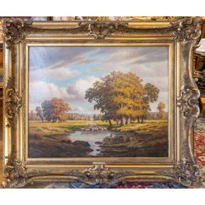 Adrien Schulz ( 1851/1931 )  "La Bergère et les Moutons à l'Etang "