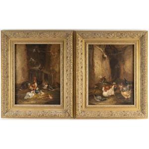 Paire de tableaux "Claude Guilleminet 1821/1885 "Scènes de Basse - cour