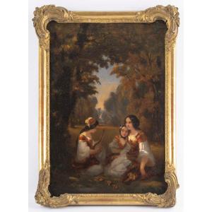 Three Women Seated In A Garden; Oil On Canvas; 19th Century