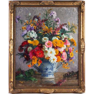 Marthe Moisset (1871 1945) Floral Composition In A Delft Vase