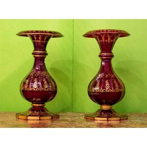 Paire de Vases en Cristal Rouge rubis et Or"  Bohème  1840 "