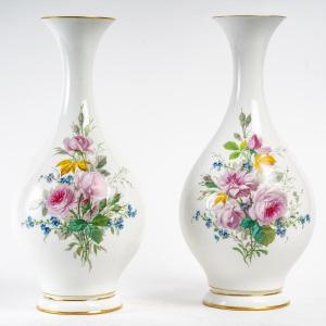 Pair Of Vases Decorated With Roses And Myosotis "blanc De Sèvres 1866"