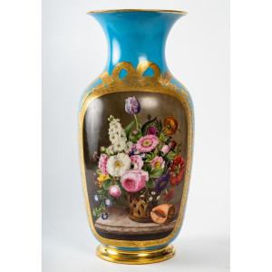 Vase  bleu céleste  " Bouquet de Fleurs au  Coquillage " 1850