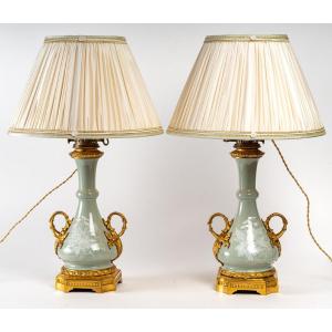 Pair Of Céladon Lamps "manufacture De Sèvres" 1850 Signed Gagneau