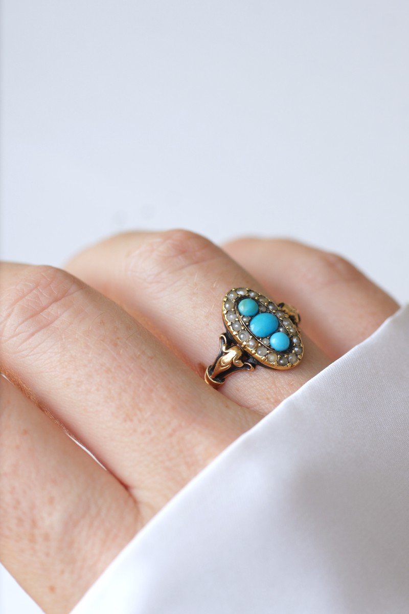 French Victorian Gold Navette Ring With Turquoises And Seed Pearls-photo-2